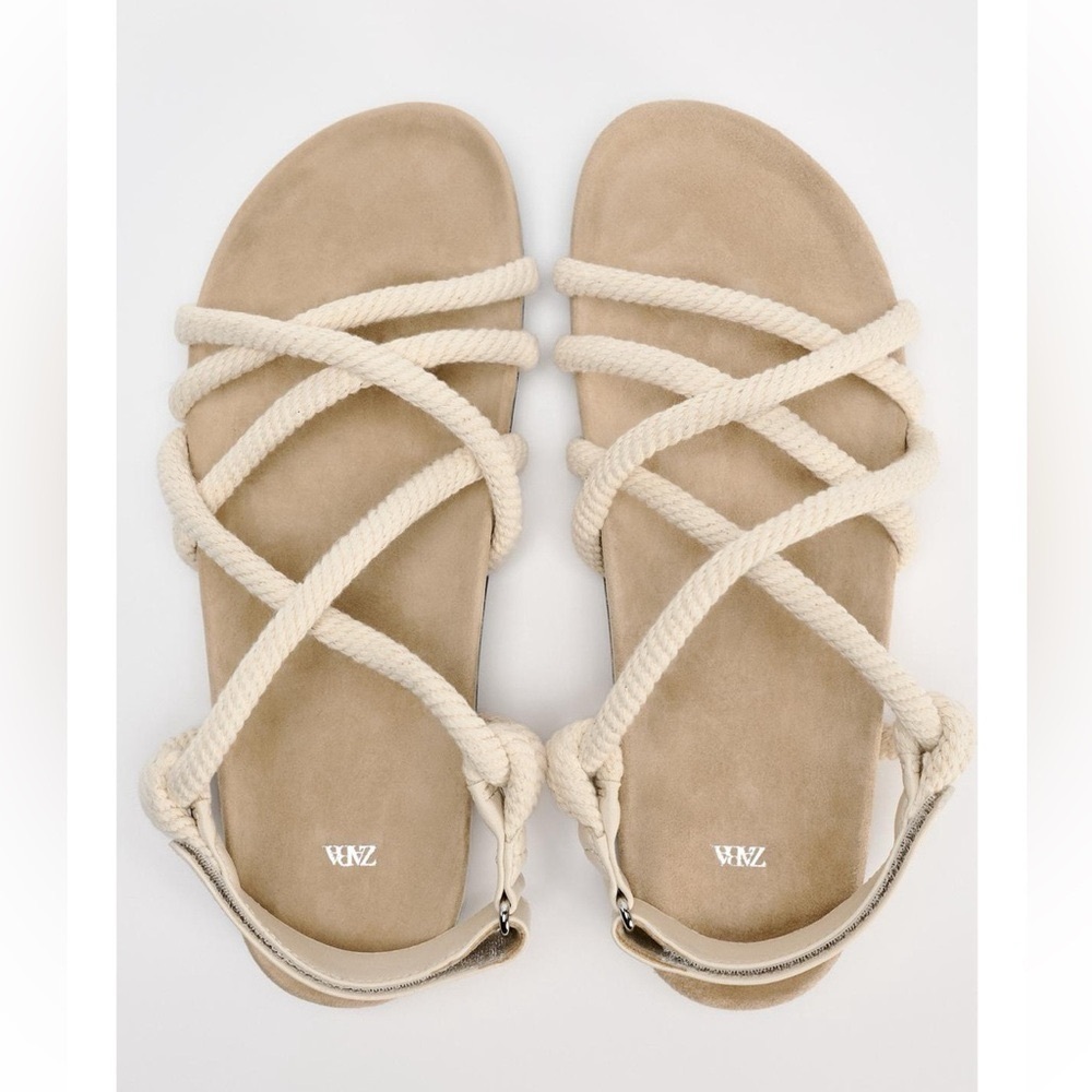 Zara Cream Rope Strappy Sandals with Ankle Buckle